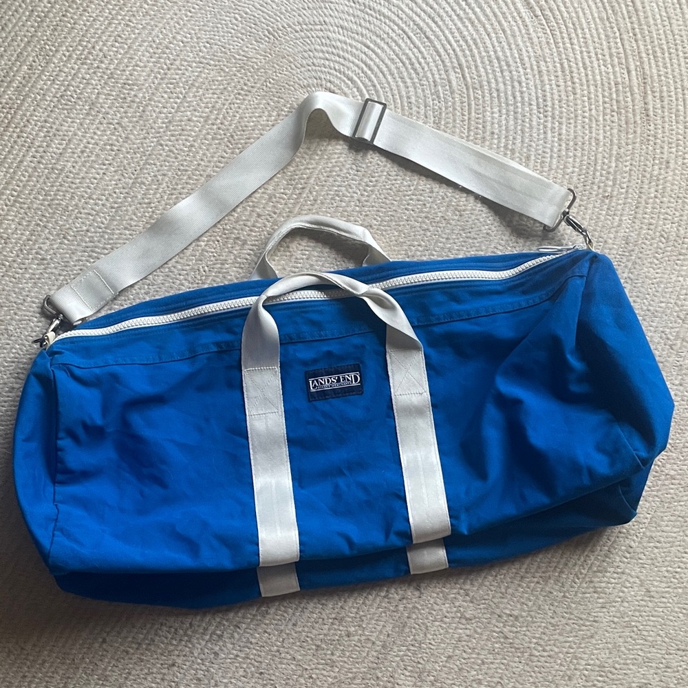 Vintage, Classic Lands' End Royal Blue Duffel with White Straps